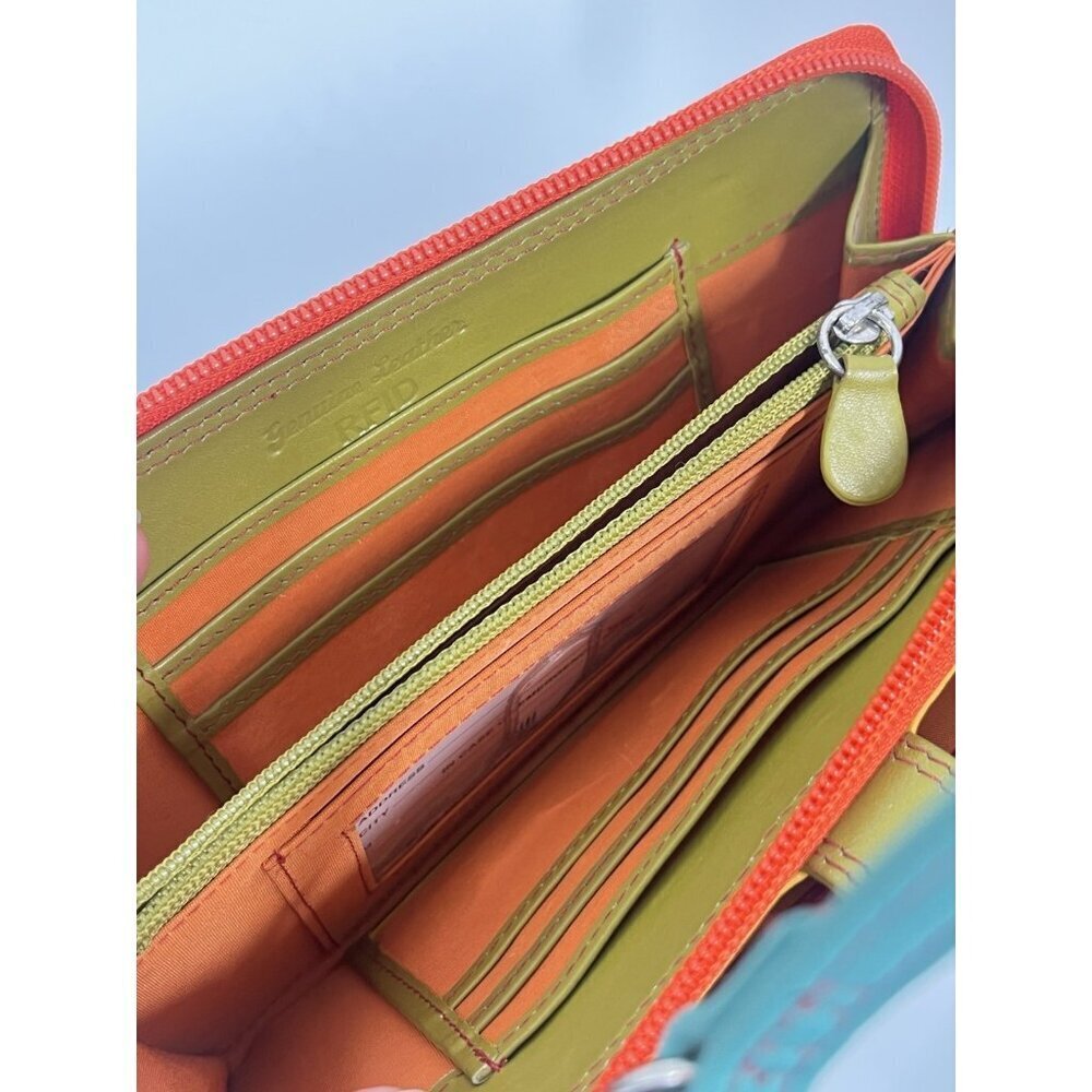 RFID Colorblock Crossbody Mini Bag Leather Travel Red Orange Blue - Picture 7 of 8